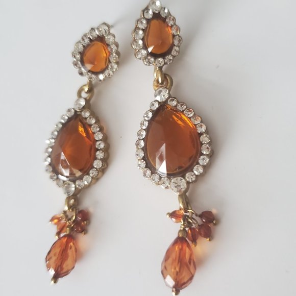 Beautiful Faux Amber Jewel & Rhinestone Long Earrings Teardrop Dangly Dressy - Picture 2 of 5